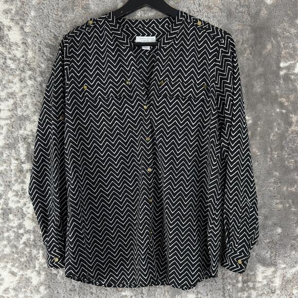 Charter Club Petite Size PM Zigzag Casual Button Top Black White Long Sleeve - Picture 1 of 8